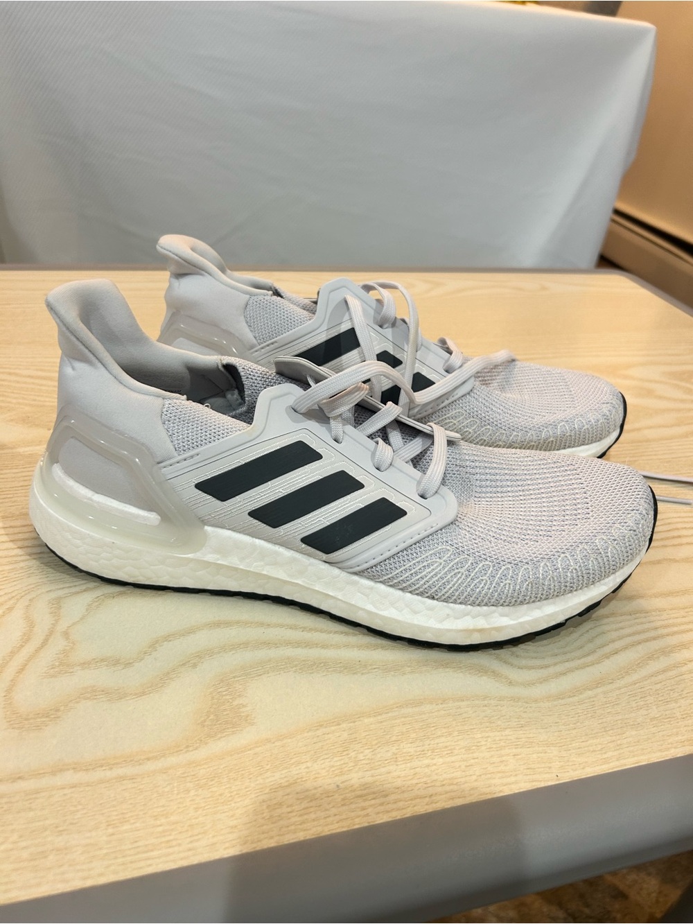adidas Light Gray Ultra Boost Sneakers with Black Stripes